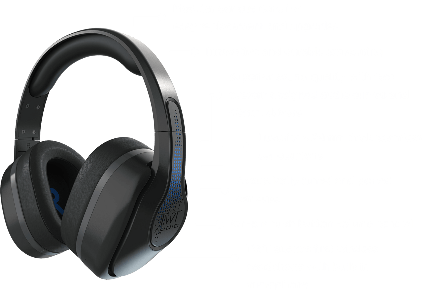 REVO TW340 Wireless Headphones showcase modular ear cushions, 40mm custom drivers, 24mm thick seamless ear cushions, acoustically tuned ear cups, and on-ear push button volume control for superior sound quality.
